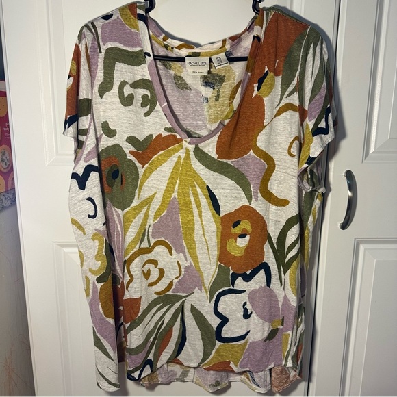 Rachel Zoe 100% linen 1X women’s short sleeve tee fall autumnal colors green - Picture 1 of 3